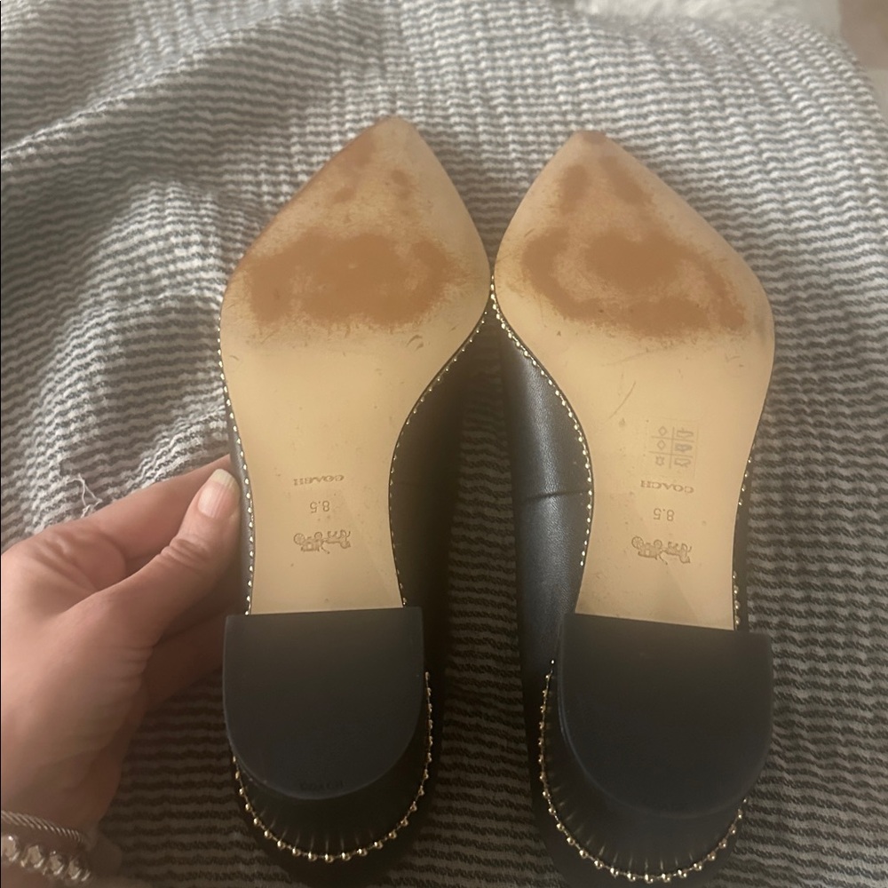 Coach Willa Black Leather Low Block Heel Pumps with Gold Beaded Trim-8.5 - Picture 8 of 11